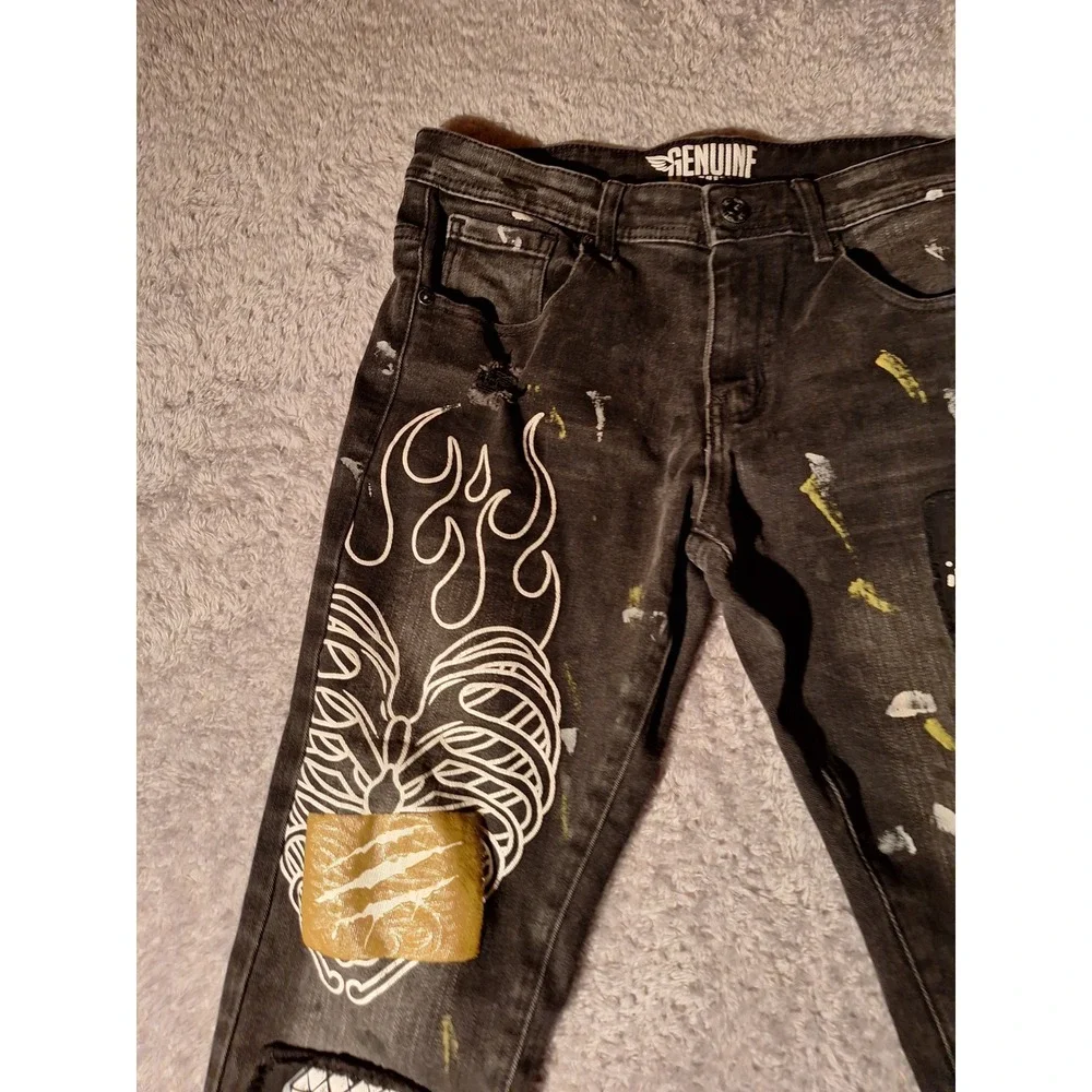 GENUINE AUTHENTIC Black Wash Jeans with Patches Slim Fit Men's 32W x 32L Grunge